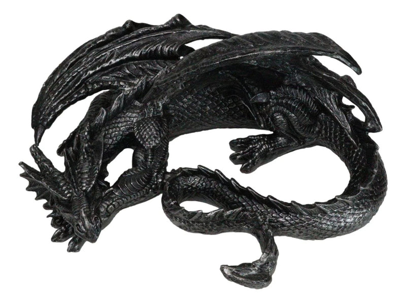 Figura coleccionable de dragón soma negro con cuernos de fantasía medieval en reposo, 28 cm de largo-5
