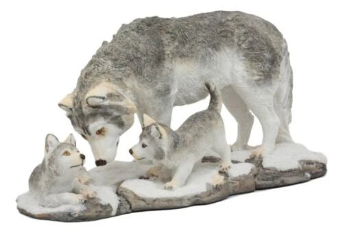 Estatua familiar de una loba de nieve invernal con sus crías, 24 cm de largo, de Habitantes del Crepúsculo-7