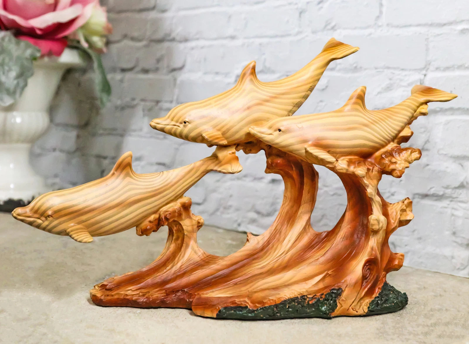 Nautical Marine Sea Ocean 3 Dolphins Swimming With Waves Faux Wood Figurine