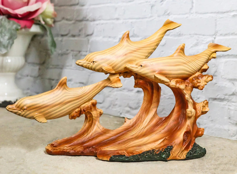 Nautical Marine Sea Ocean 3 Dolphins Swimming With Waves Faux Wood Figurine-1
