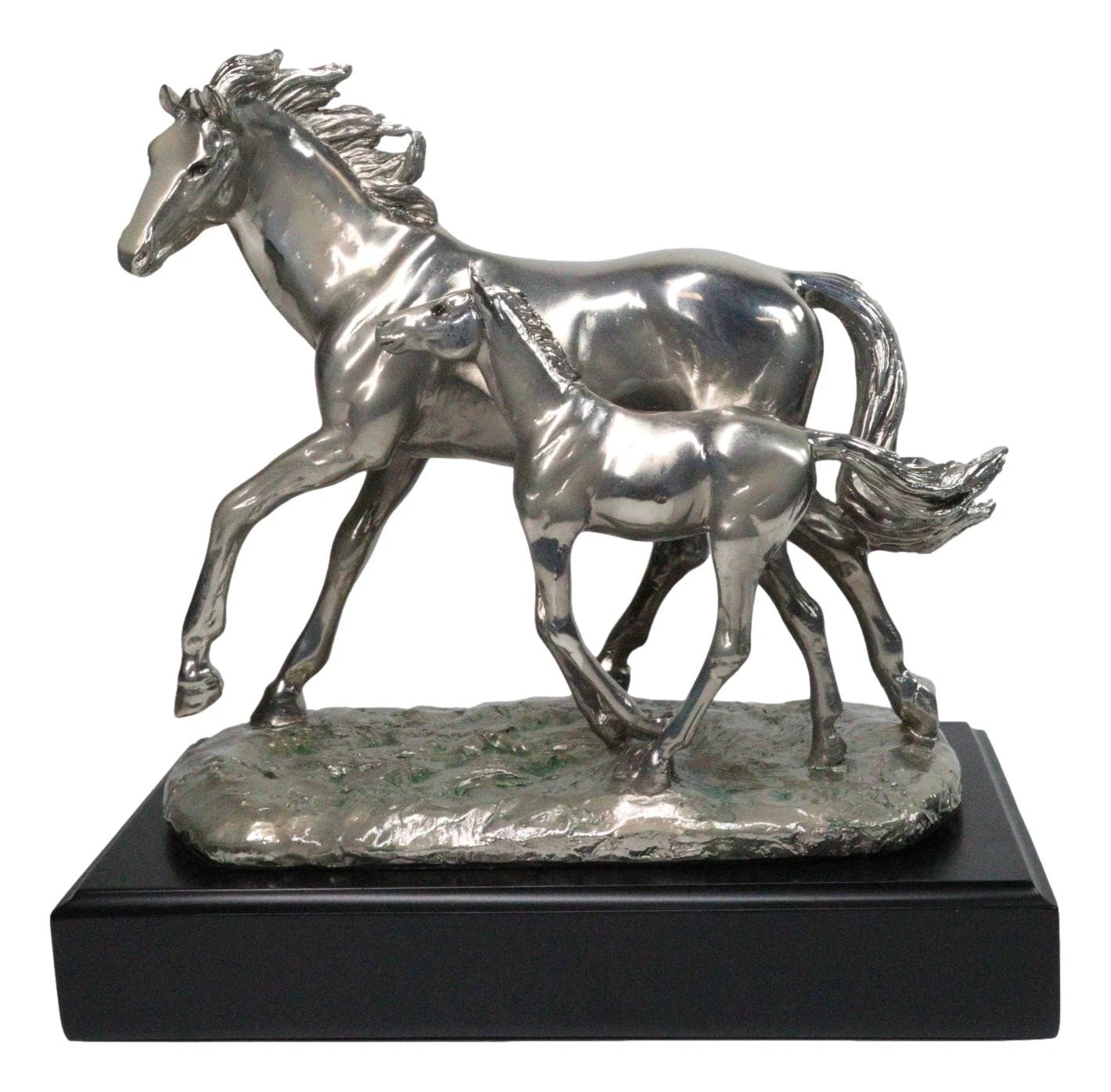 Western Horse and Foal Chrome Electroplated Resin Figurine With Museum Base-6
