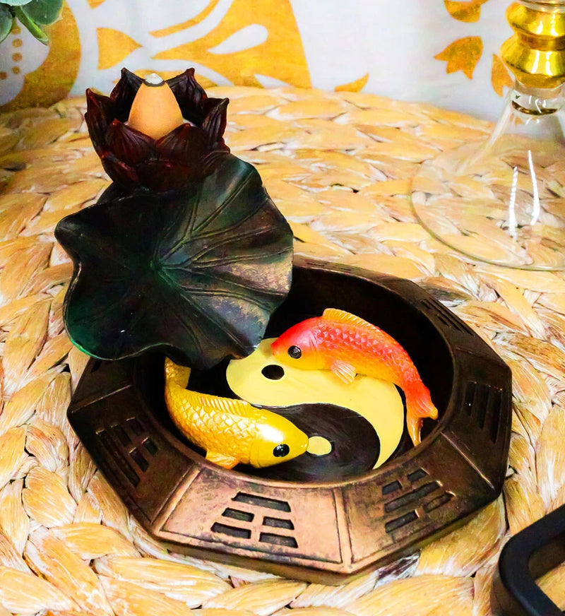 Feng Shui Padma Lotus Basin Yin Yang Koi Fishes Backflow Incense Cone Burner-1