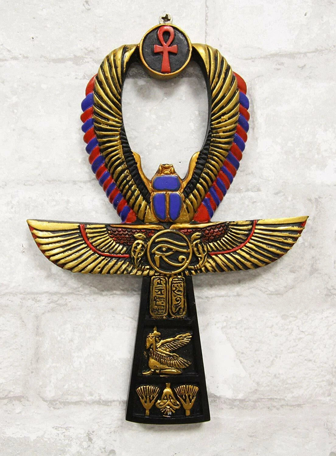Egyptian Golden Ankh Scarab Maat and Eye of Horus Wall Decor Figurine 8" H-5