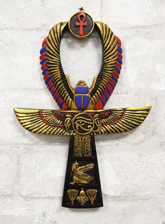 Egyptian Golden Ankh Scarab Maat and Eye of Horus Wall Decor Figurine 8" H-5
