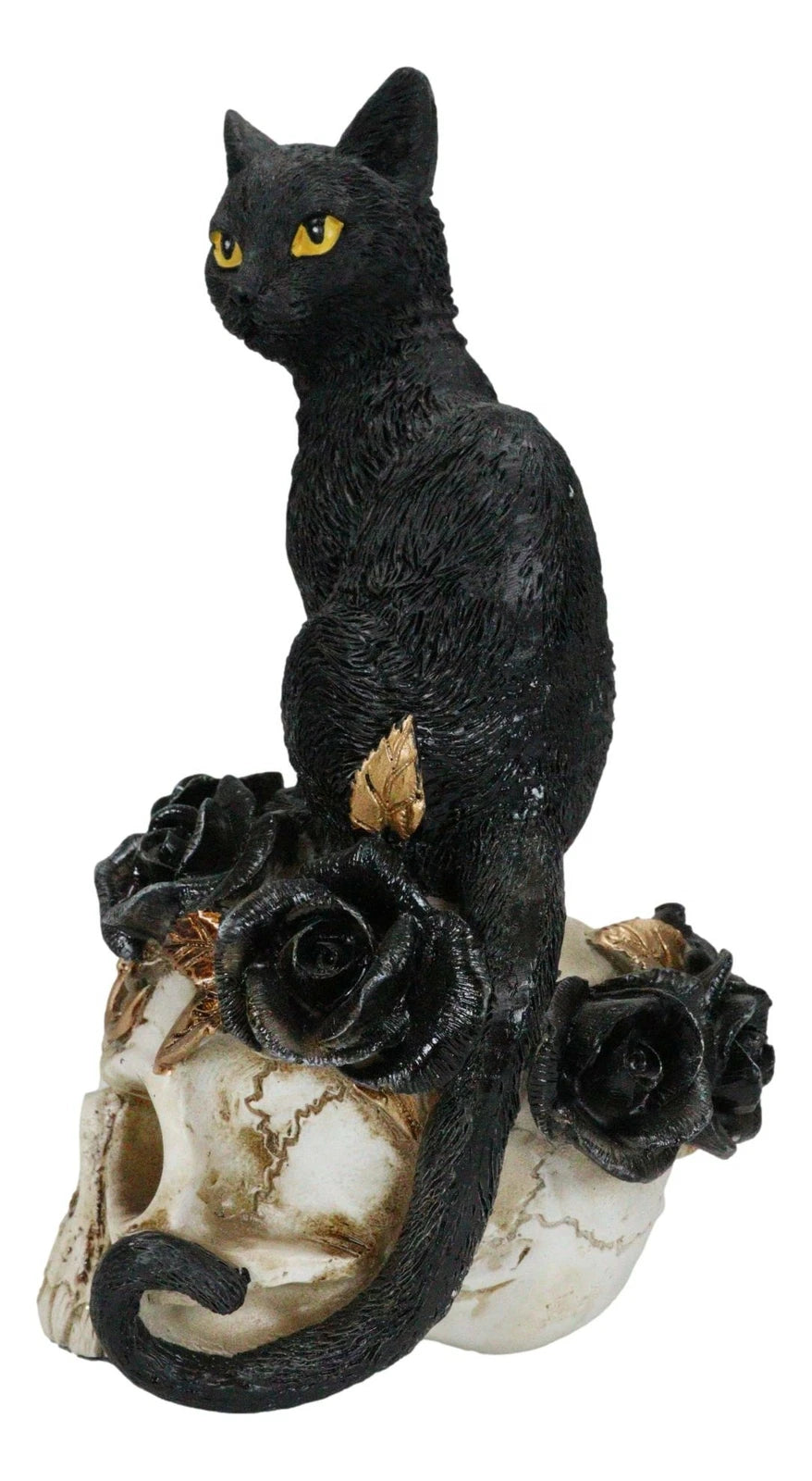 Figura de gato gótico, felino negro sentado sobre una rosa, estatua de calavera de vampiro fantasma, 18 cm de alto, decoración del hogar, exhibición, adorno de escritorio, decoración de Halloween, regalo de fantasía gótica-4