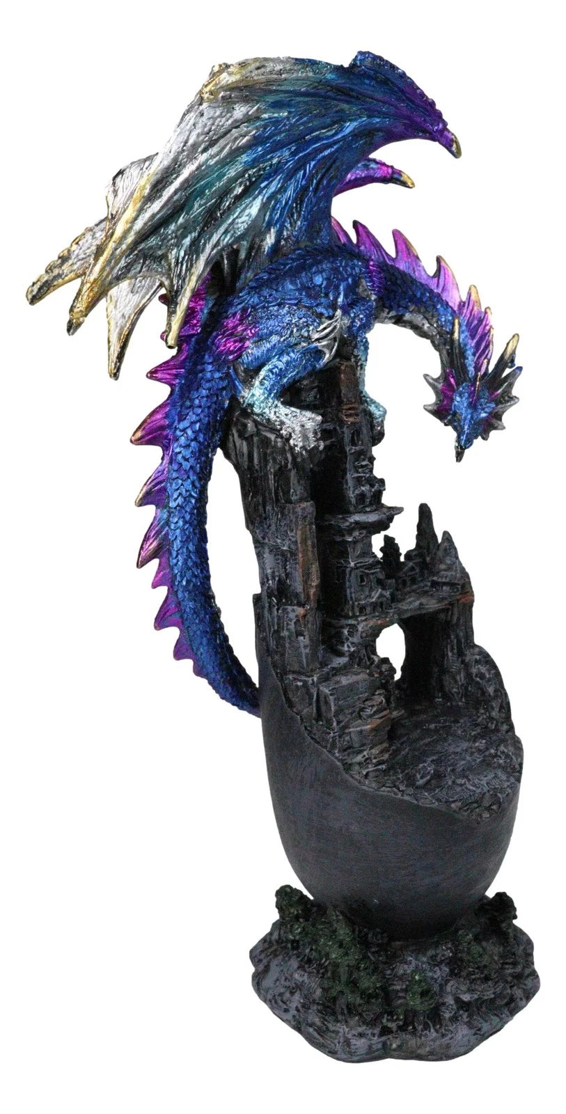 Medieval Blue Dragon Perching On Abandoned Castle Tower Ruins Figurine 12"H-6