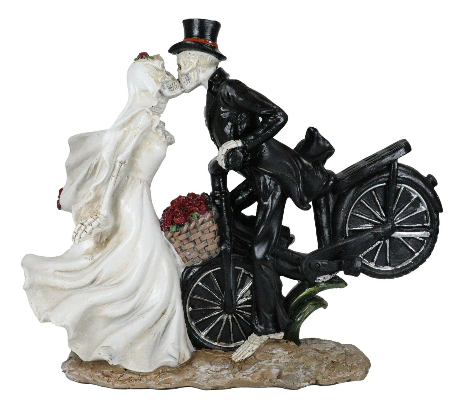 Love Never Dies Skeleton Bridal Couple Kissing On Bicycle W Rose Basket Figurine-6