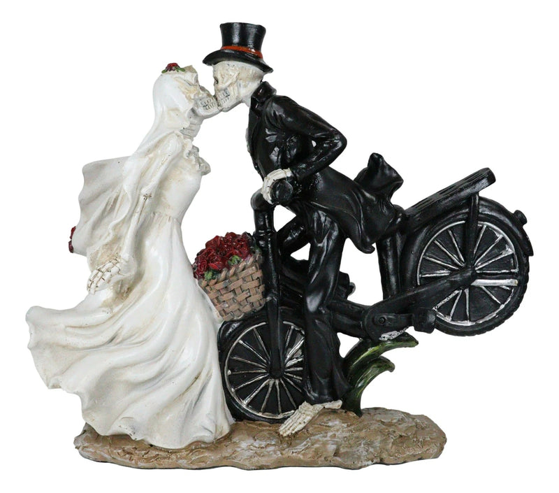 Love Never Dies Skeleton Bridal Couple Kissing On Bicycle W Rose Basket Figurine-6