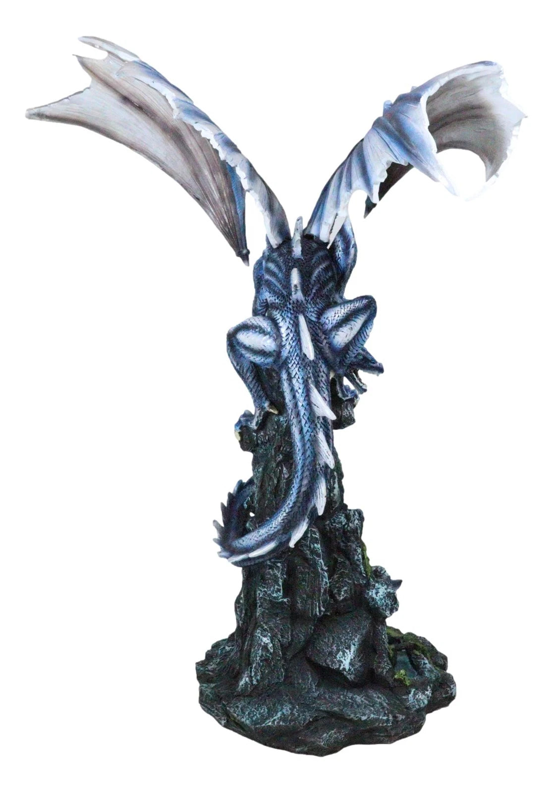Large Blue Zirconia Rogue Storm Dragon Hovering Over Cliff Rock Waterfall Statue-6