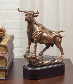 Western Wild Cattle Bull On Pride Rock Electroplated Resin Statue With Base-1