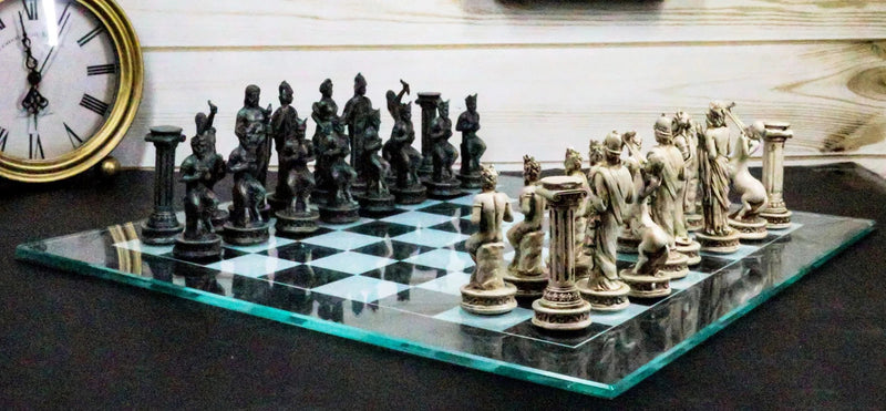 Olympus At War Greek Olympian Deities Resin Chess Pieces W/Glass Board Set-2