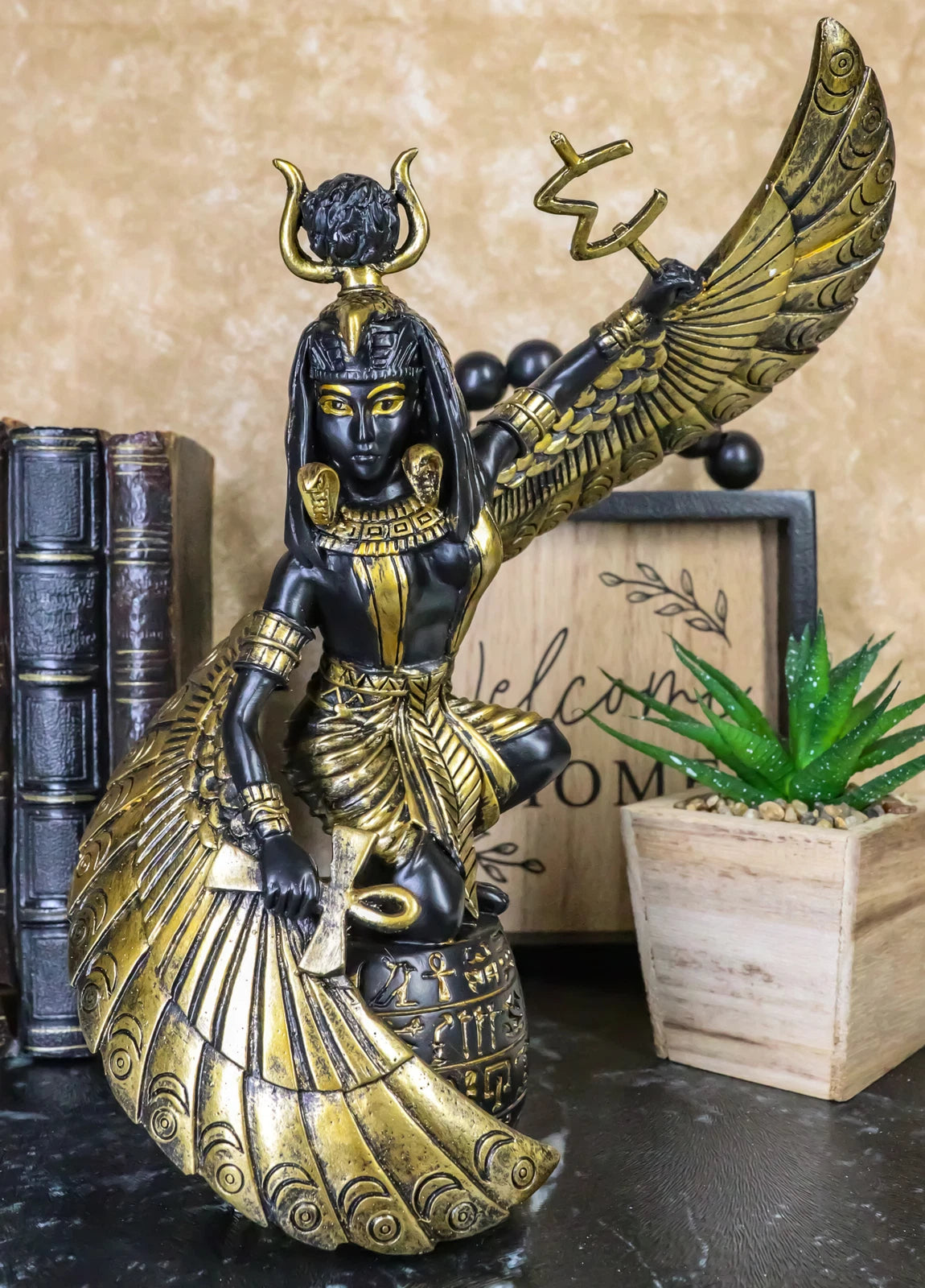 Egyptian Goddess Mother Isis Ra Holding Ankh Decorative Figurine 9" H