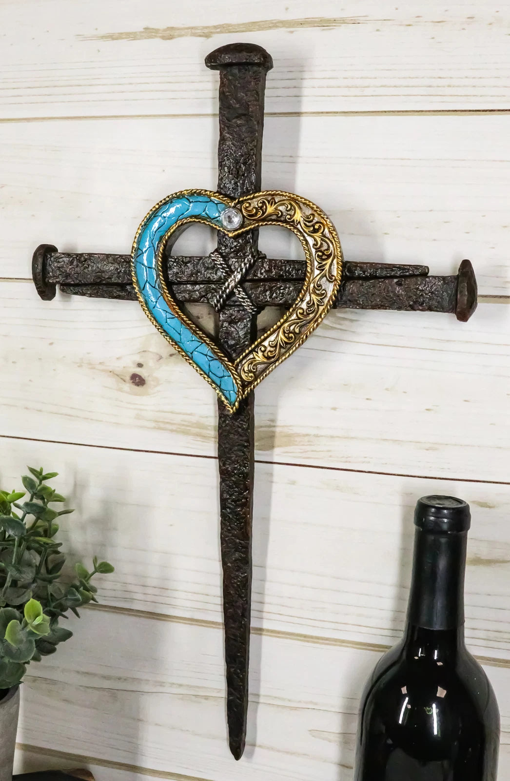 Crucifix Driven Nails with Heart Center Wall Cross Decor Plaque 16.5"H-6