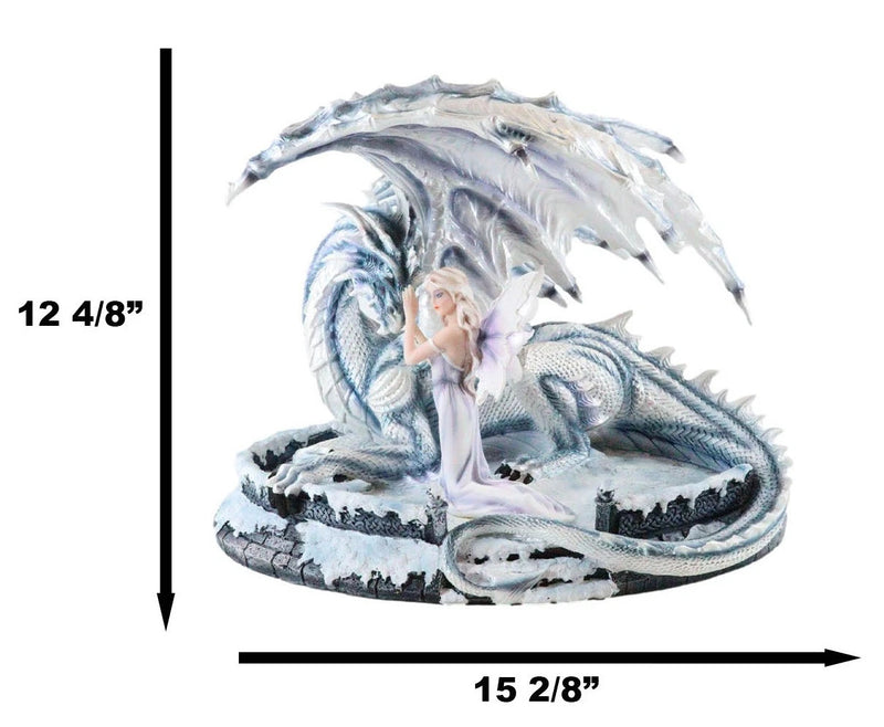 Large 15" Long Winter Blizzard Fairy with Giant White Dragon Statue-10