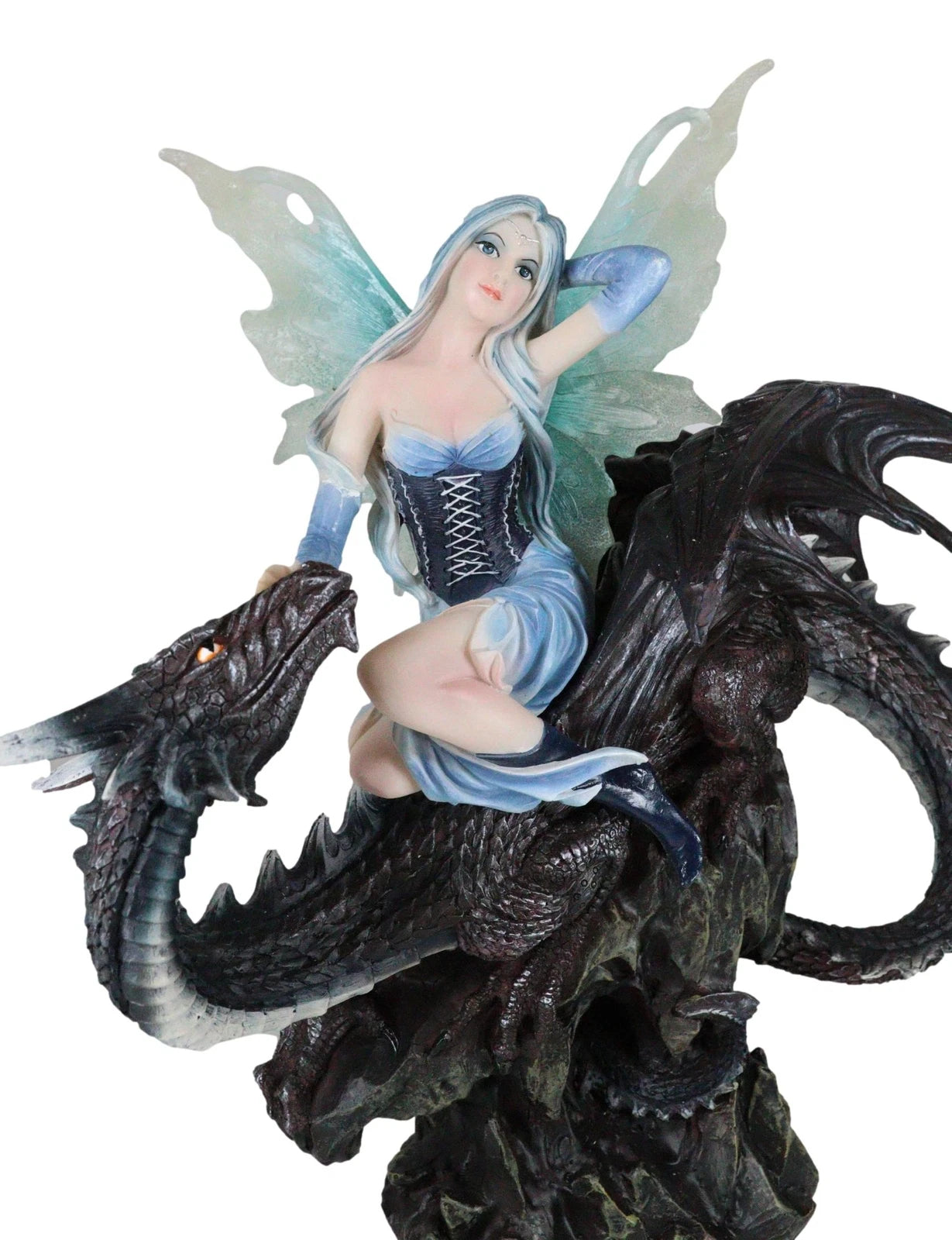 Large Ice Elemental Fairy With Night Fury Dragon Statue 14"L Fantasy Witch Fairy-7