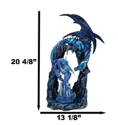 20"H Large Blue Frozen Dragon On Arch With Wyrmling By Ice Stalagmite Statue-6