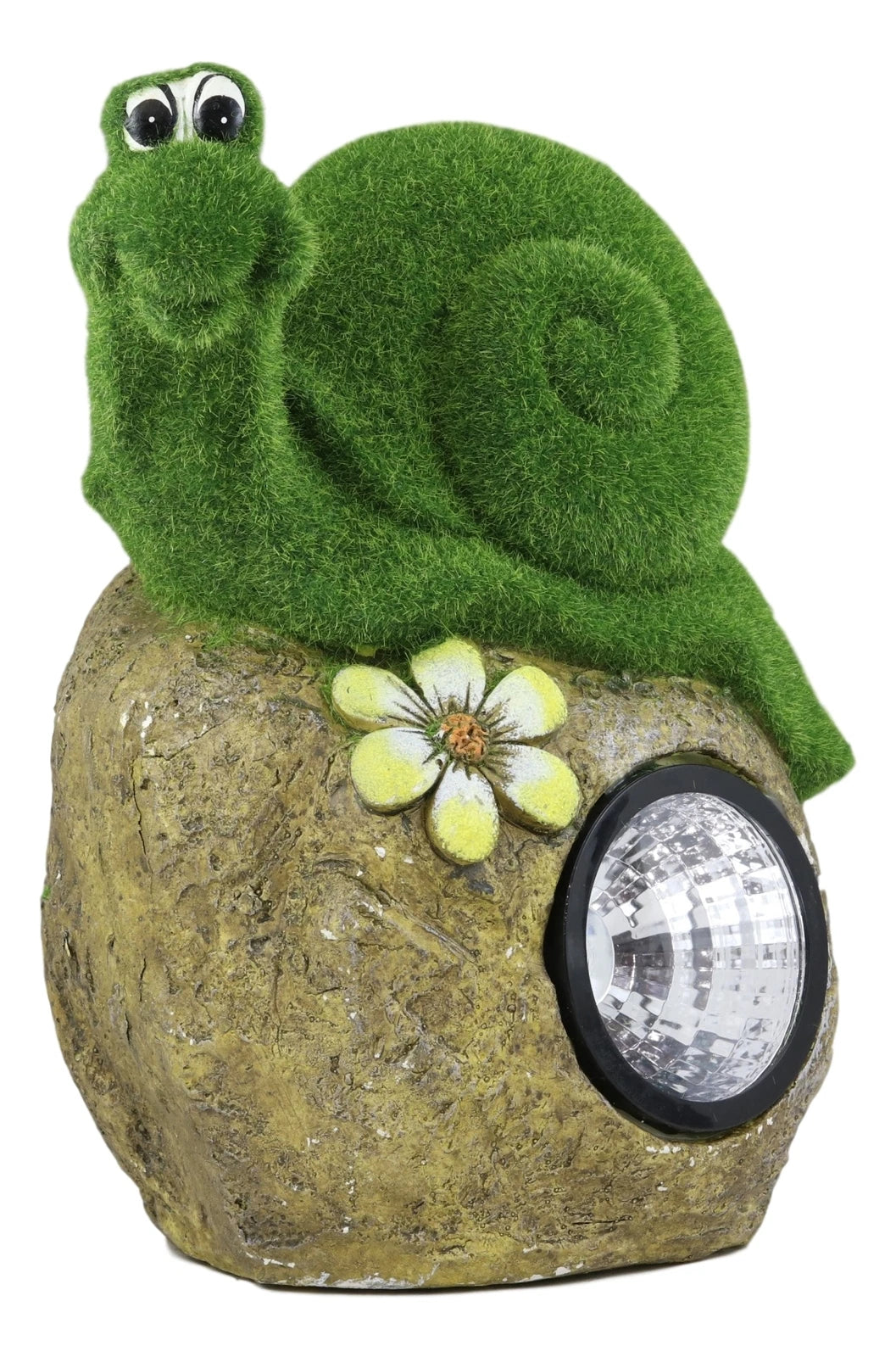 Whimsical Flocked Grass Snail On Rock Garden Statue With Solar LED Light Decor-1