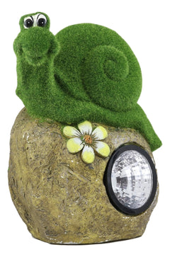 Whimsical Flocked Grass Snail On Rock Garden Statue With Solar LED Light Decor-1