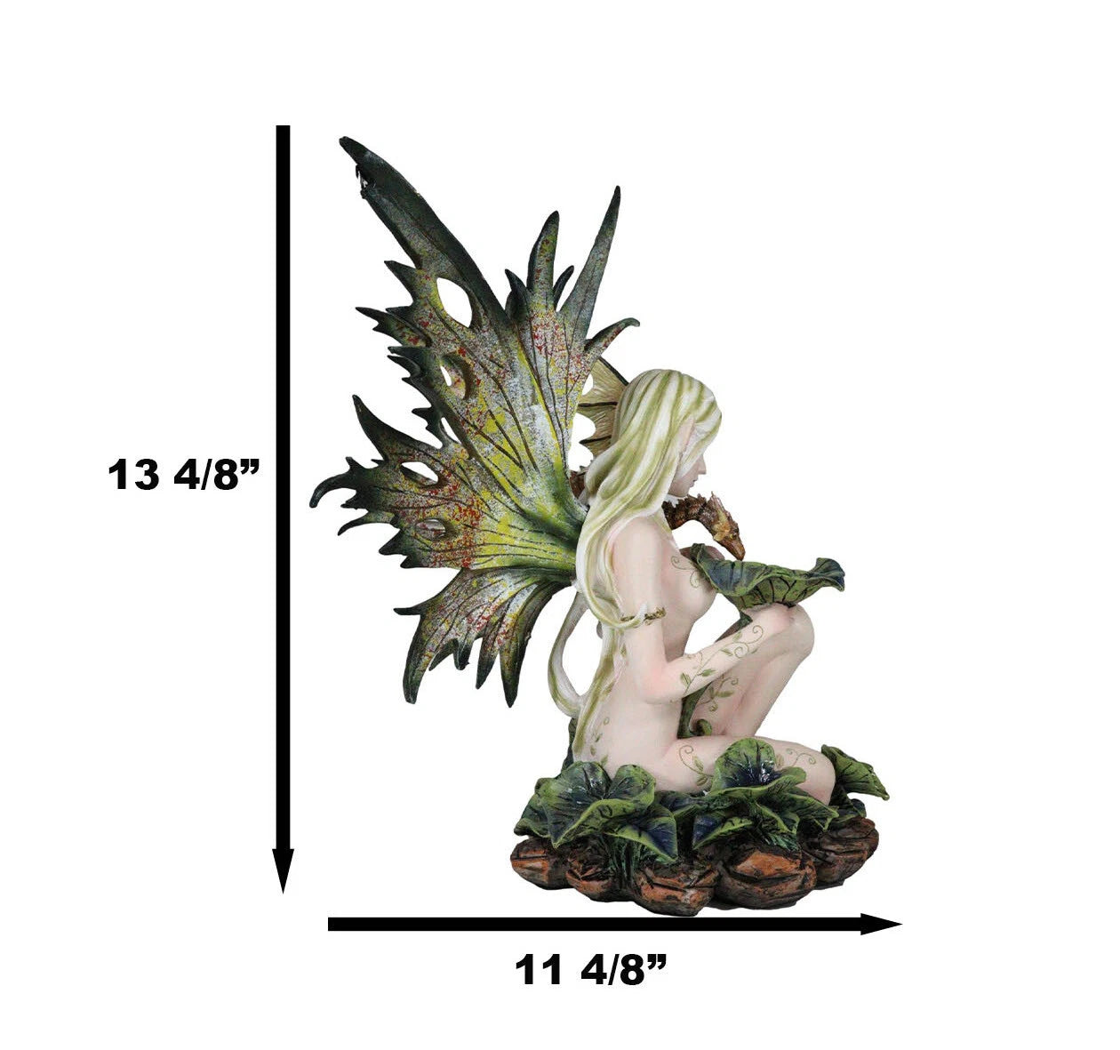 Estatua de hada tribal del bosque desnuda de 33 cm de alto alimentando a un dragón.-4