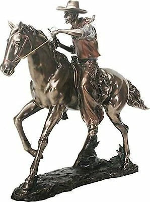 Large 21.25"Long Cowboy On Horse Figurine in Bronze Powder Finish Resin Statue-1