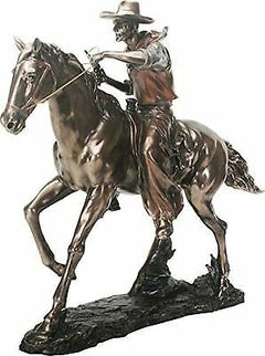 Large 21.25"Long Cowboy On Horse Figurine in Bronze Powder Finish Resin Statue-1