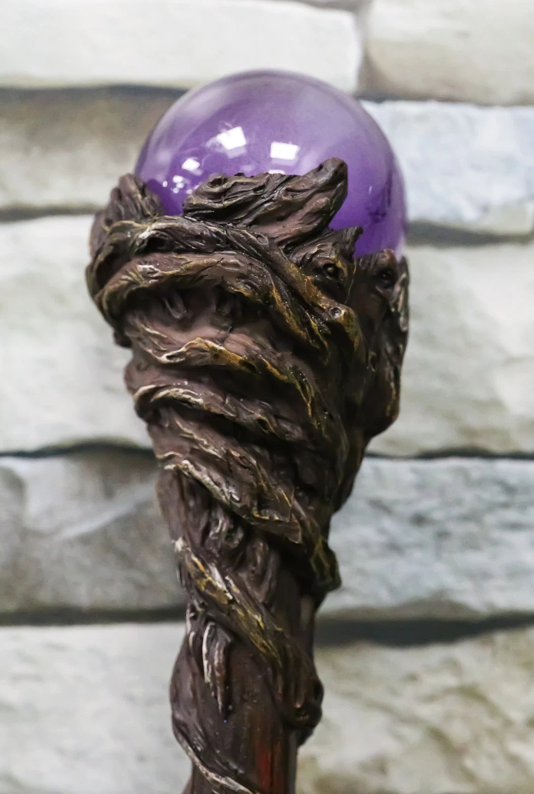 Bastón de vides retorcidas del mago Merlín con mango de orbe morado, 170 cm de largo-4