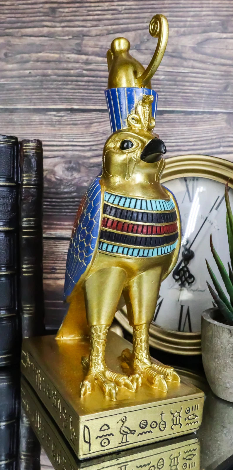 Egyptian God Horus Falcon Bird On Hieroglyphic Pedestal Statue 8.75"H