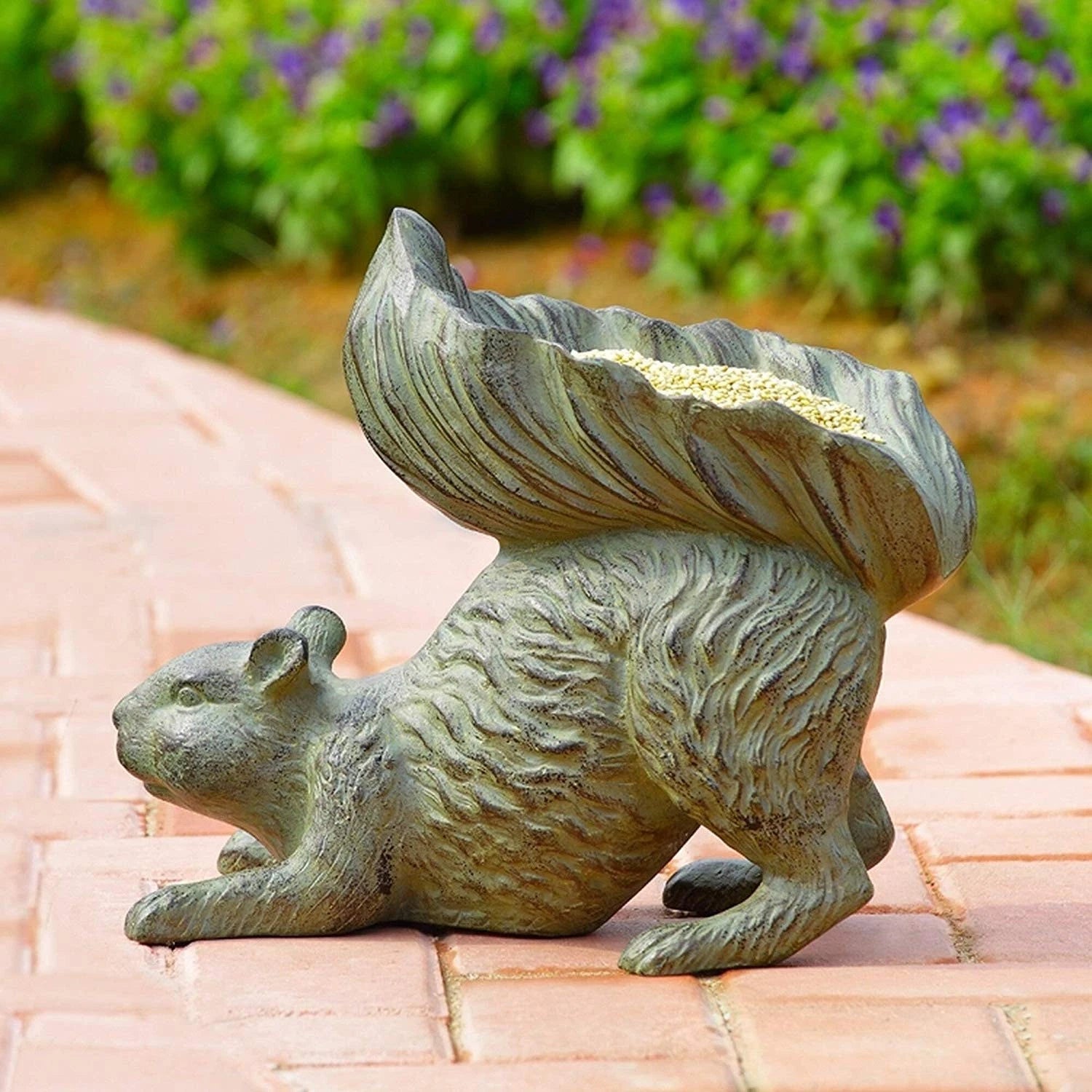 Aluminum Whimsical Crouching Bushy Tailed Squirrel Bird Feeder Garden Statue