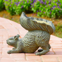 Aluminum Whimsical Crouching Bushy Tailed Squirrel Bird Feeder Garden Statue-1