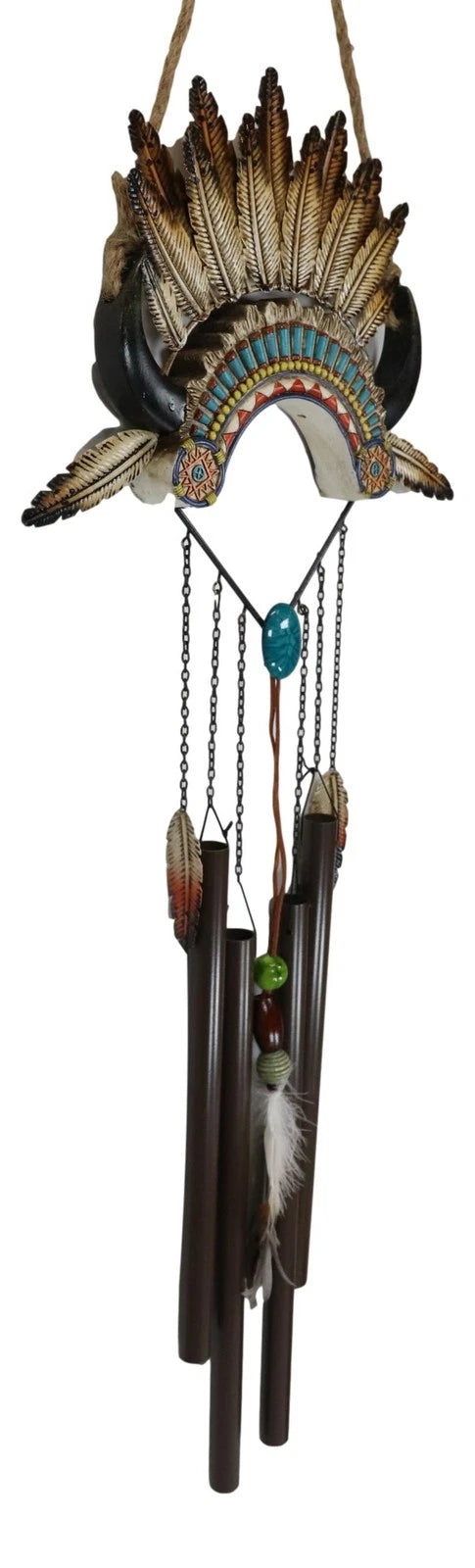 Southwest Boho Chic Indian Chief Headdress Feathers Turquoise Rocks Wind Chime-5