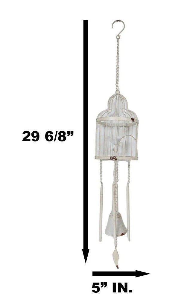 Whimsical Rustic White Bird Perching On Twig In Cage Aluminum Metal Wind Chime-7