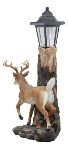 The Emperor 12 Point Buck Deer Statue Rustic Forest Tree Solar LED Light Outpost-6