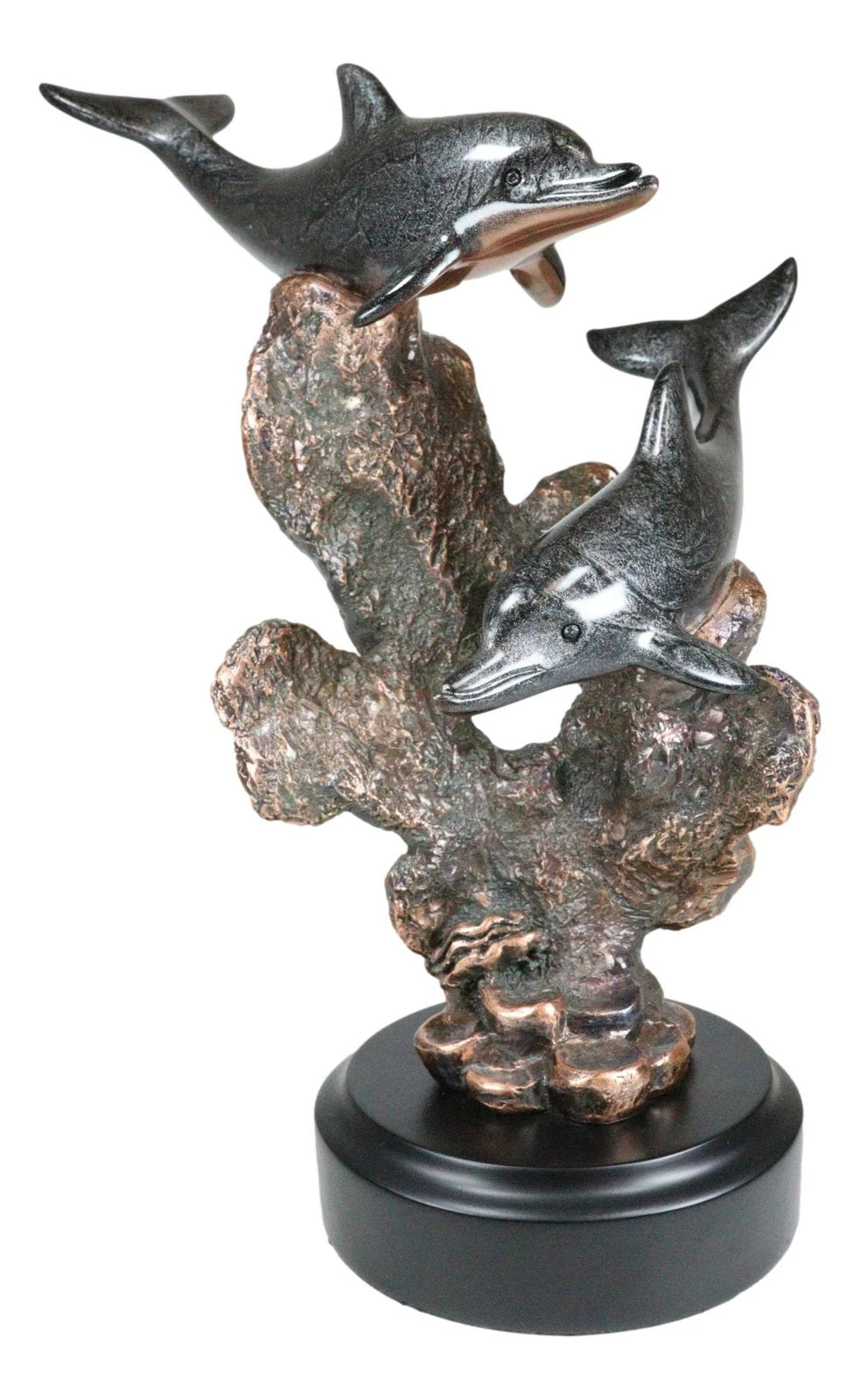 Marine 2 Black Dolphins Swimming by Coral Reef Electroplated Bronze Figurine-3