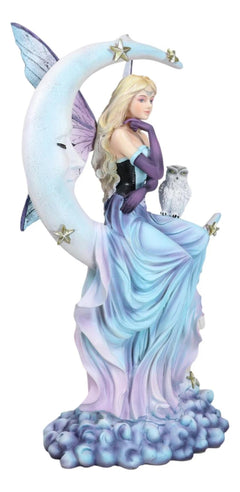 Crescent Moon And Stars Midnight Fairy Luna In Pastel Gown With Snow Owl Statue-4