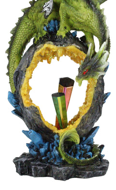 Green Dragon Guarding Faux Geode Crystal Arch Rock With Rainbow Icicle Figurine-7