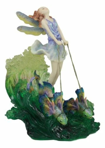 Estatua de pared de Josephine, el sueño del surfista, hada del océano montando un carro de peces arcoíris-5