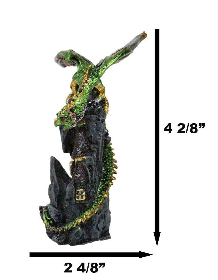 Metallic Golden Green Dragon Guarding Castle Tower On Mountain Cliff Figurine-6