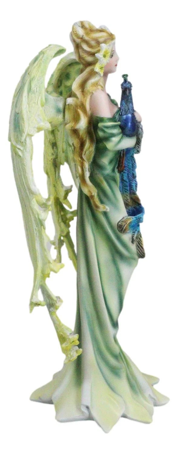 Beautiful Green Fairy With Colorful Flowers Carrying A Blue Peacock Figurine-4