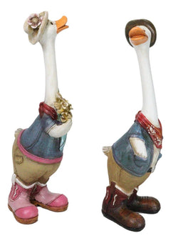 Set of 2 Western Cowboy Cowgirl Ducks With Hats Scarves And Boots Figurines-8