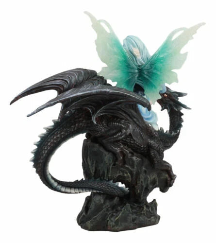 Large Ice Elemental Fairy With Night Fury Dragon Statue 14"L Fantasy Witch Fairy-6