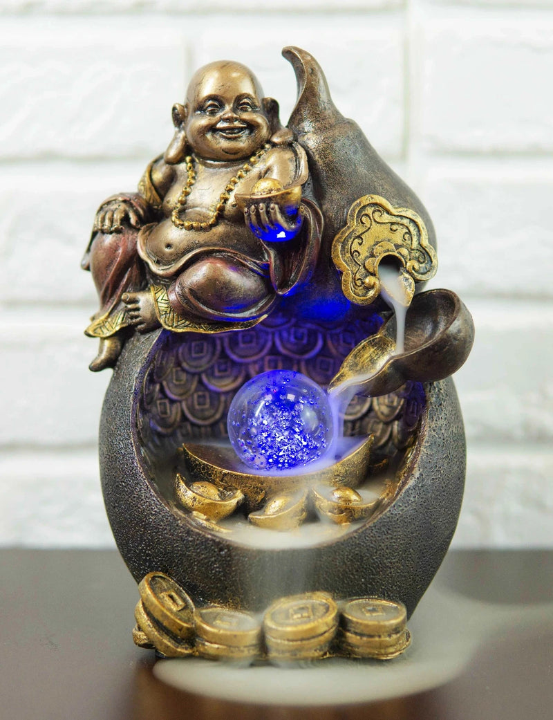 Happy Buddha Hotei Seated On Wine Gourd Backflow Incense Burner LED Light Statue-2