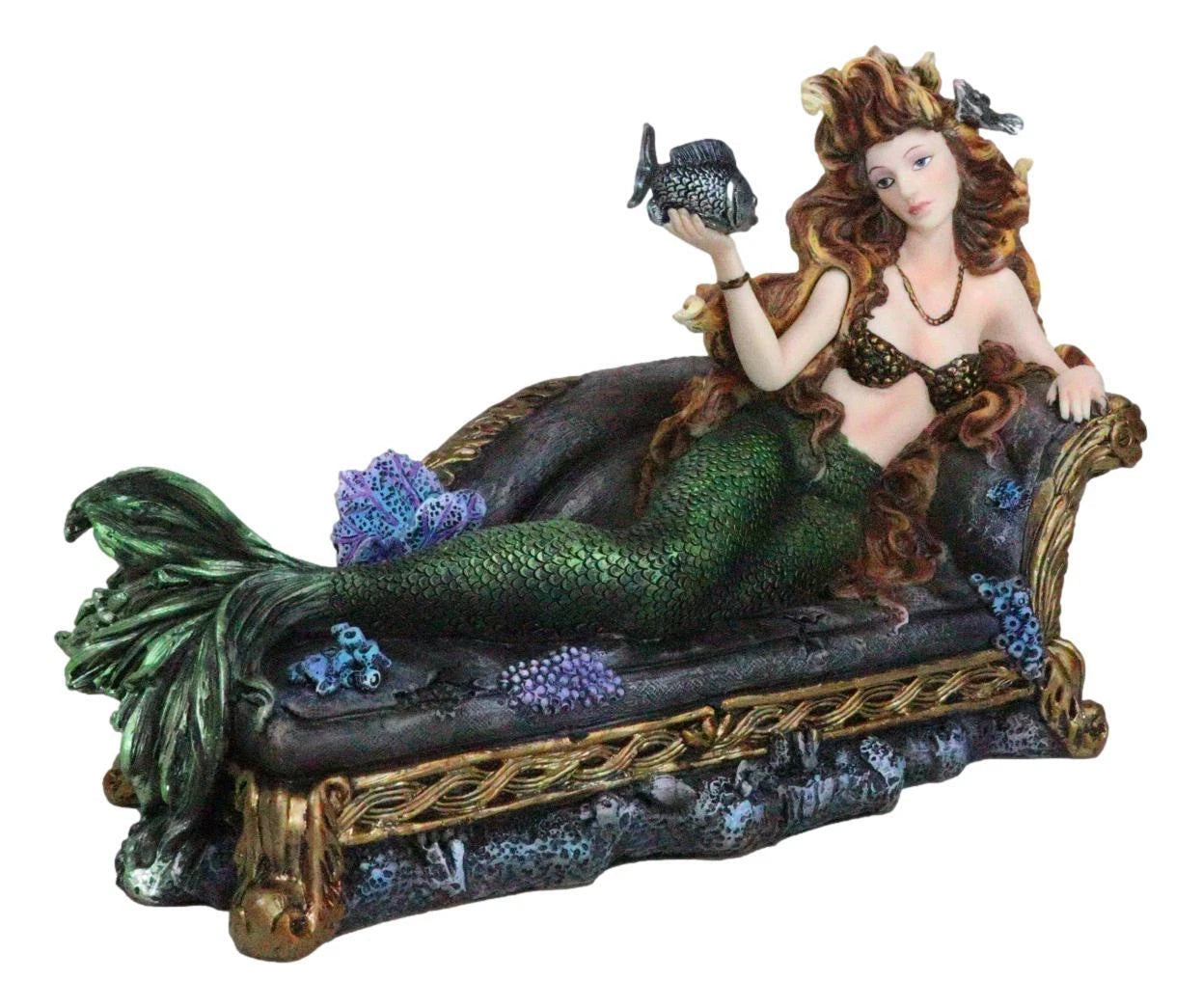 Queen Of Atlantis Siren Mermaid With Fish Resting On Sea Lounge Chair Figurine-5