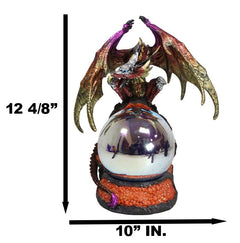 Metallic Red Gold Armored Dragon On Volcano Lava Rock With LED Optic Ball Statue-6