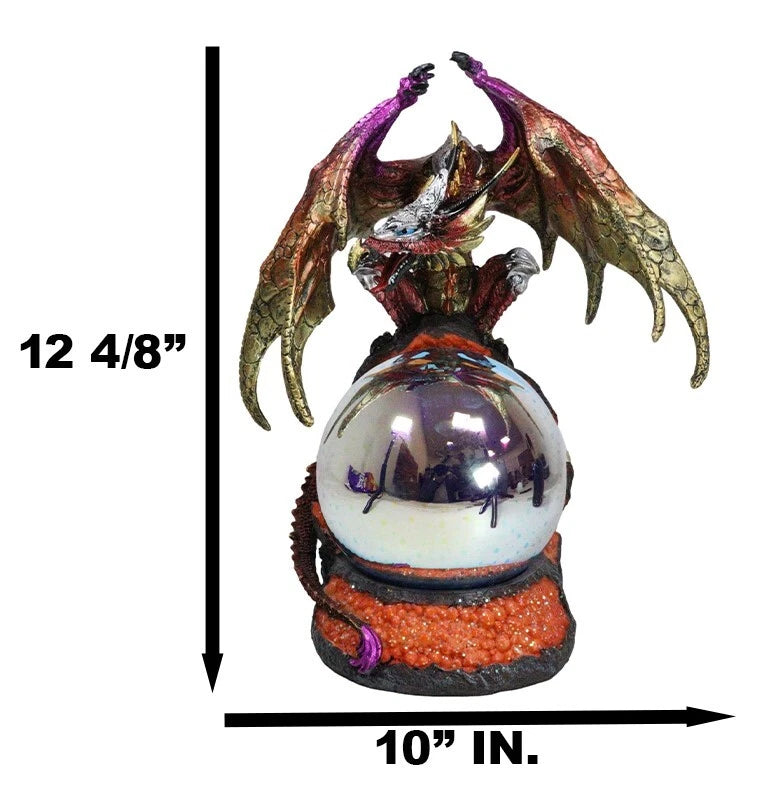 Metallic Red Gold Armored Dragon On Volcano Lava Rock With LED Optic Ball Statue-6