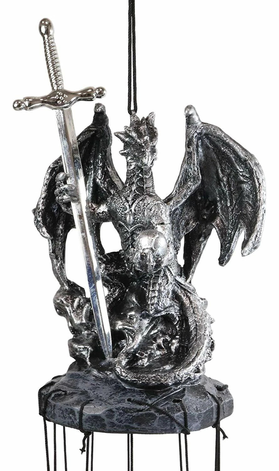 Medieval Silver Dragon Holding Excalibur Sword And Orb Figurine Wind Chime Decor-4