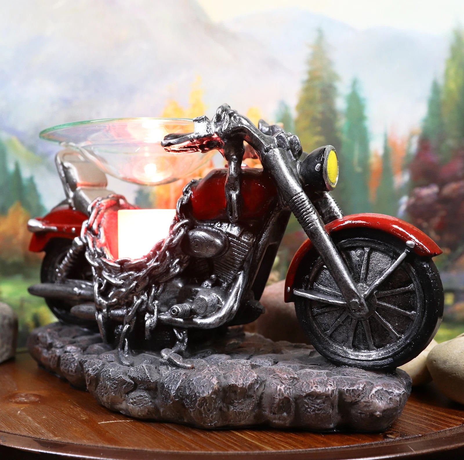 Red Vintage Motorcycle Chopper Bike Electric Oil Or Tart Burner Figurine-8