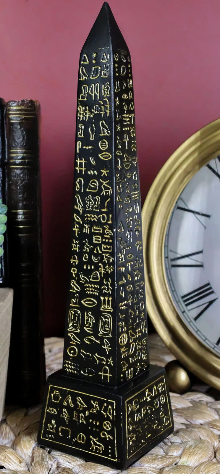 Egyptian Temple of Ra Gold Black Luxor Obelisk With Hieroglyphs Statue 8"H-2