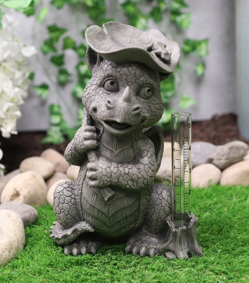 Raindrops Keep Falling On My Head Dragon With Lilypad Umbrella Rain Gauge Statue-1