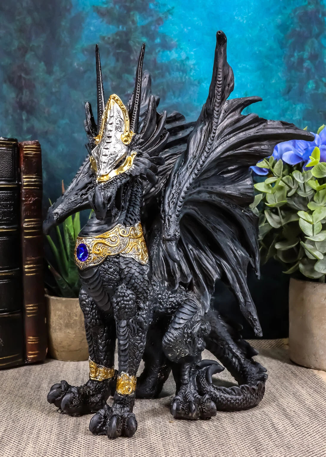 Blue Sapphire Golden Armored Combat Dragon Standing Guard In Faux Stone Statue-5