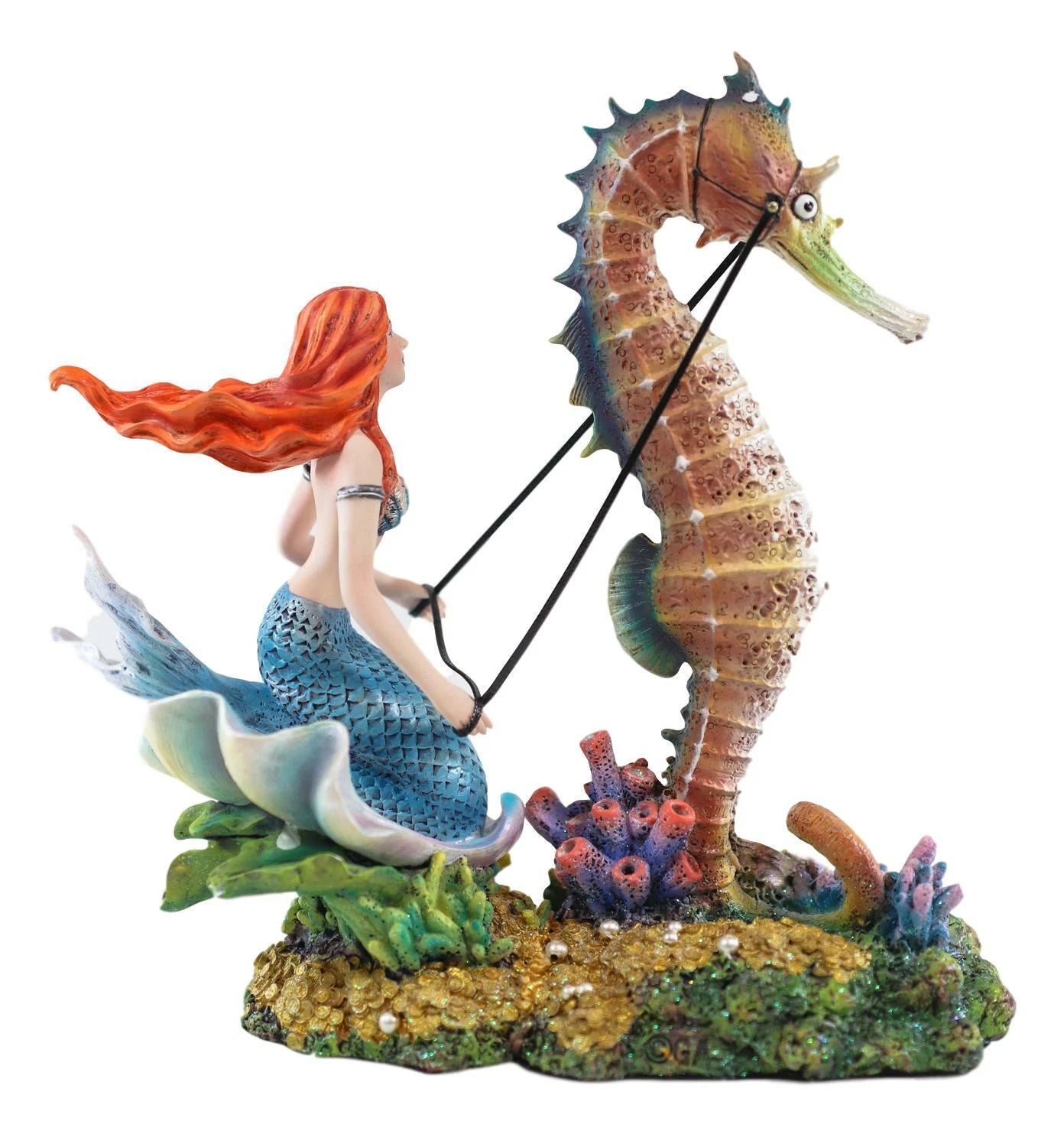 Nouveau Nautical Ocean Mermaid On Clam Riding Seahorse Chariot Statue 10"H-5